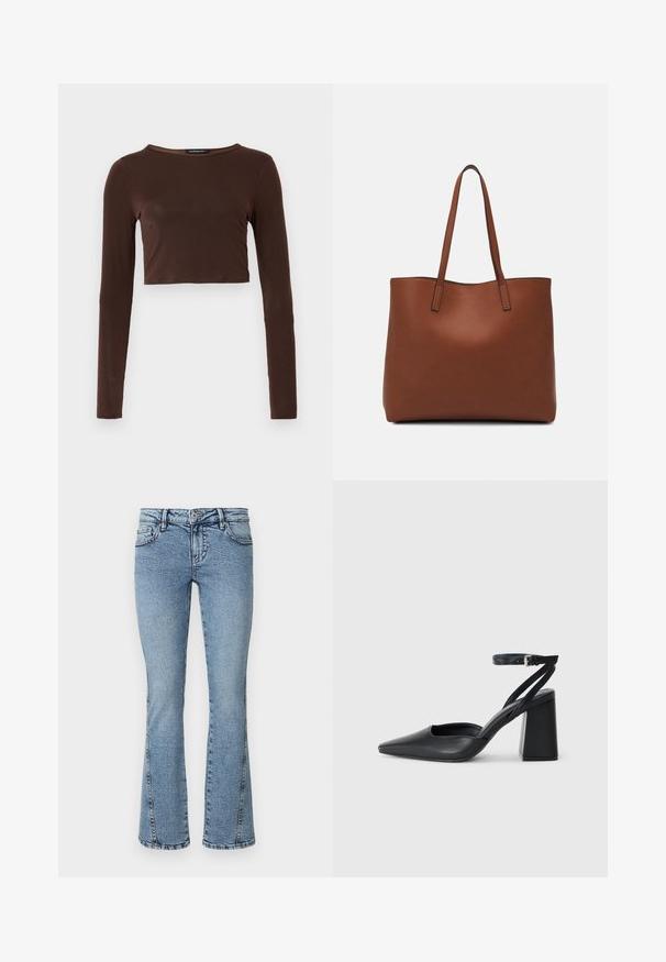 Καφέ κοντό τοπ με μακριά μανίκια, φτιαγμένο από απαλό ύφασμα, που διαθέτει στρογγυλή λαιμόκοψη και εφαρμοστή σχεδίαση. Χωρίς ορατά μοτίβα ή διακοσμήσεις.; Ανοιχτό μπλε φαρδύ τζιν παντελόνι από τζιν, με κλασικό σχεδιασμό πέντε τσεπών, φερμουάρ στην μπροστινή πλευρά και αντίθετη ραφή κατά μήκος των ραφών.; Μαύρο δερμάτινο ψηλοτάκουνο παπούτσι με οξύ μυτερό τόξο, λουράκι στον αστράγαλο και χοντρό τακούνι. Λείος υφασματισμός, κομψός σχεδιασμός και μινιμαλιστική αισθητική.; Καφέ δερμάτινη τσάντα tote με λεία υφή, ανοιχτό σχέδιο και δύο λουριά ώμου. Διαθέτει ελάχιστη ραφή και χωρίς ορατά μεταλλικά εξαρτήματα.