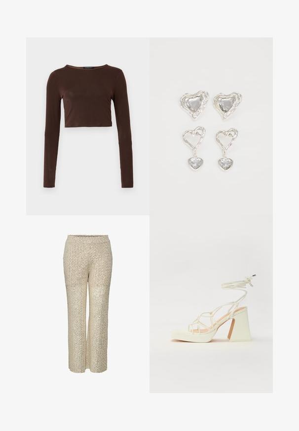 Ruskea pitkähihainen lyhyt toppi, joka on valmistettu sileästä materiaalista, ja siinä on pyöreä pääntie sekä vartalonmyötäinen muotoilu. Ei näkyviä kuvioita tai yksityiskohtia.; Beige housut, joissa on paljetti ja zikzak-kuvio, korkea vyötärö ja leveät lahkeet, joissa on sileä rakenne ja kimaltava pinta.; Valkoinen korkokenkä, jossa on paksu korko, ja joka sisältää nauhakiinnityksen ja nilkkaketjun. Sujuva pinta, jossa on platform-etupohja lisäkorkeutta varten.; Hopeasydänkorvakorut sisältävät hiottuja kirkkaita kiviä, joissa on teksturoitu kehys. Settiin kuuluu nappi- ja roikkuvat mallit.