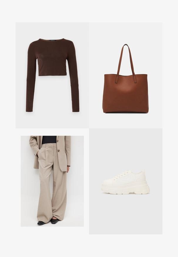 Top corto marrón de manga larga, hecho de un material suave, con escote redondo y diseño ceñido. Sin patrones ni acentos visibles.; NA-KD MIT MITTLERER TAILLE - Pantalones - sand; Zapatilla de lona blanca con suela gruesa, punta redonda y cinco ojales para los cordones. Lengüeta trasera para facilitar el uso. Textura suave, diseño minimalista.; Bolso tote de cuero marrón con una textura suave, diseño de apertura superior y dos correas para el hombro. Presenta una costura mínima y sin herrajes visibles.