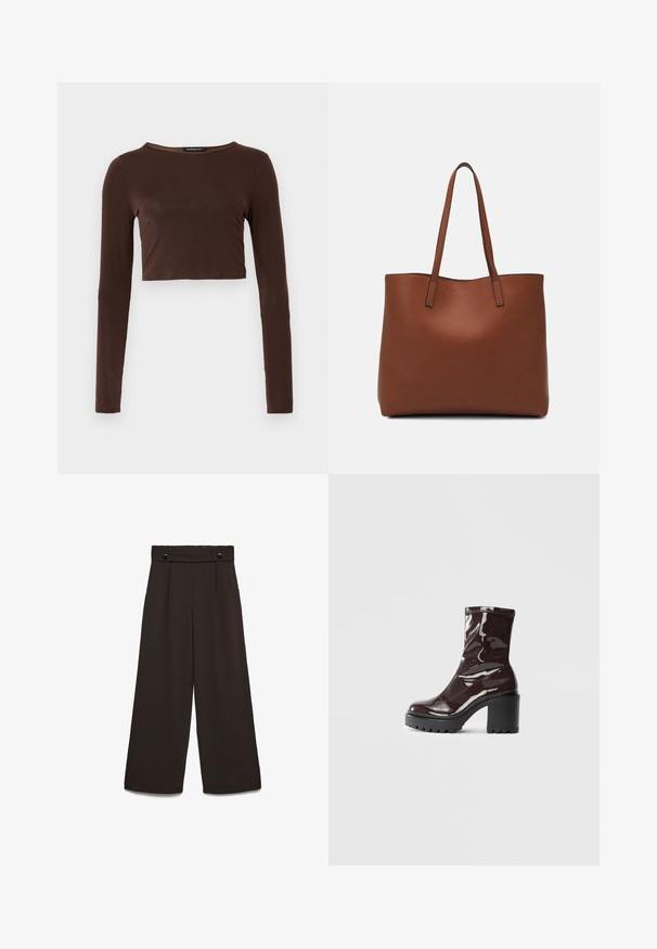 Hnedý dlhý rukáv cropped top vyrobený z hladkého materiálu, s okrúhlym výstrihom a priliehavým strihom. Bez viditeľných vzorov alebo akcentov.; Nohavice so širokými nohavicami v tmavohnedej tkanine, s vysokým pásom, dvoma prednými vreckami a dvoma prednými gombíkmi na zapínanie. Hladká textúra.; Lesklé burgundské kotníkové boty s robustním černým podpatkem, s hladkou strukturou a jednoduchým designem. Bez viditelných zapínání nebo vzorů.; Hnedá kožená taška na rameno s hladkou textúrou, otvoreným vrchom a dvoma ramenými popruhmi. Má minimálne šitia a žiadne viditeľné kovania.