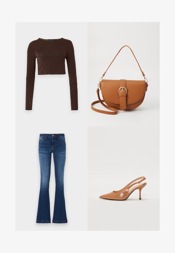 Top corto marrón de manga larga, hecho de un material suave, con escote redondo y diseño ceñido. Sin patrones ni acentos visibles.; Jean de corte acampanado en denim azul, con una cintura de altura media, cinco bolsillos y costuras en contraste a lo largo de las costuras.; Zapato de tacón tipo slingback con punta afilada en un material suave y brillante de color marrón. Presenta un diseño con corte curvado y un tacón de aguja delgado. Detalle de hebilla plateada.; Bolso bandolera de cuero marrón con forma curvada, herrajes dorados y un acento de hebilla. Incluye una correa de hombro desmontable.