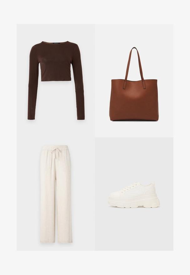 Smeđi dugosleeve skraćeni top od glatkog materijala, s okruglim izrezom i prilagođenim dizajnom. Bez vidljivih uzoraka ili akcenta.; Svijetlosmeđi široki hlače napravljene od mekog, teksturiranog materijala. Imaju elastičnu pojas s trakicom za podešavanje.; Bijela platnena tenisica s debelim potplatom, zaobljenim vrhom i pet rupica za vezice. Stražnji tab za jednostavno obuvanje. Glatka tekstura, minimalistički dizajn.; Smeđa kožna torba preko ramena s glatkom teksturom, otvorenim vrhom i dvjema naramenicama. Ima minimalne šavove i nema vidljivog hardvera.