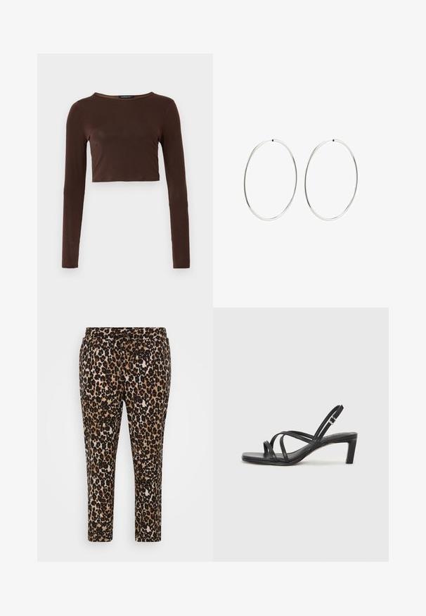 Top corto marrón de manga larga, hecho de un material suave, con escote redondo y diseño ceñido. Sin patrones ni acentos visibles.; Pantalones con estampado de leopardo que cuentan con una tela suave y texturizada, cintura elástica con cordón ajustable, y un diseño de pierna recta con una longitud corta.; Sandalia negra de tiras con punta cuadrada y tacón bajo de bloque. Presenta múltiples tiras delgadas y una correa ajustable en el tobillo. Fabricada en cuero suave.; Pendientes de aro plateados con un diseño redondo y liso, y un acabado pulido. Son delgados y ligeros, y cuentan con un sencillo cierre de gancho.