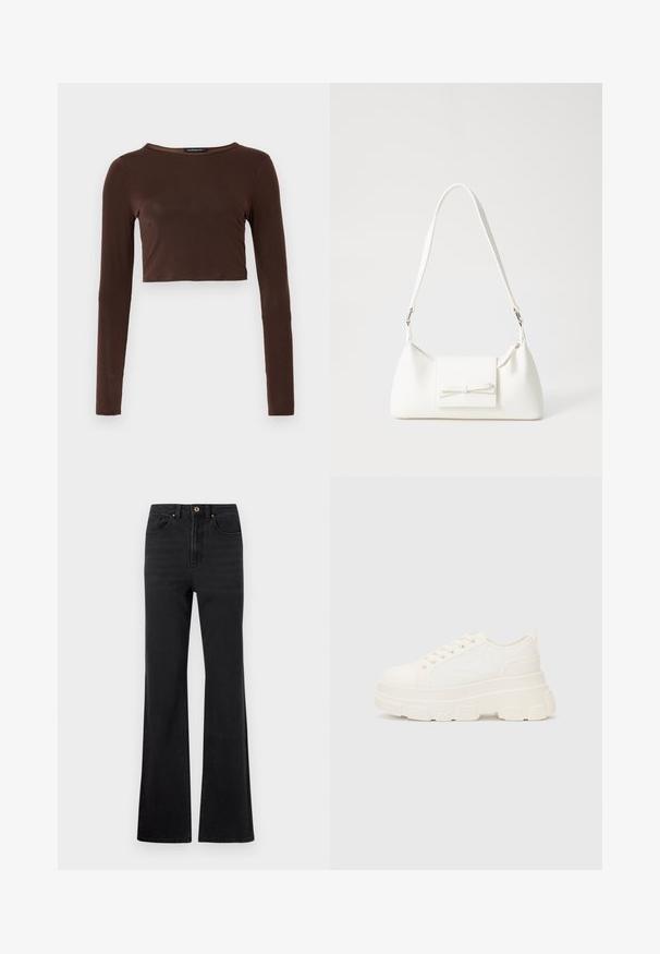 Rudas ilgomis rankovėmis trumpas viršus, pagamintas iš lygios medžiagos, turi apvalų kaklą ir priglundantį dizainą. Jokios matomos raštų ar akcentų.; Juodi aukštai pakeltų džinsų kelnės su priekiniais mygtukais, diržo kilpomis ir šiek tiek platėjančiomis kojomis prieš baltą foną.; Balti drobės sportbačiai su storu padu, apvalia nosimi ir penkiomis akytėmis raištams. Gale yra kilputė, kad būtų lengva užsidėti. Sklandus paviršius, minimalistinis dizainas.; Balta sintetinė rankinė trikampio formos, plokščiu priekiu su užsegimu, kaspino detale, reguliuojama dirželiu, lygia tekstūra ir minimalistišku dizainu.