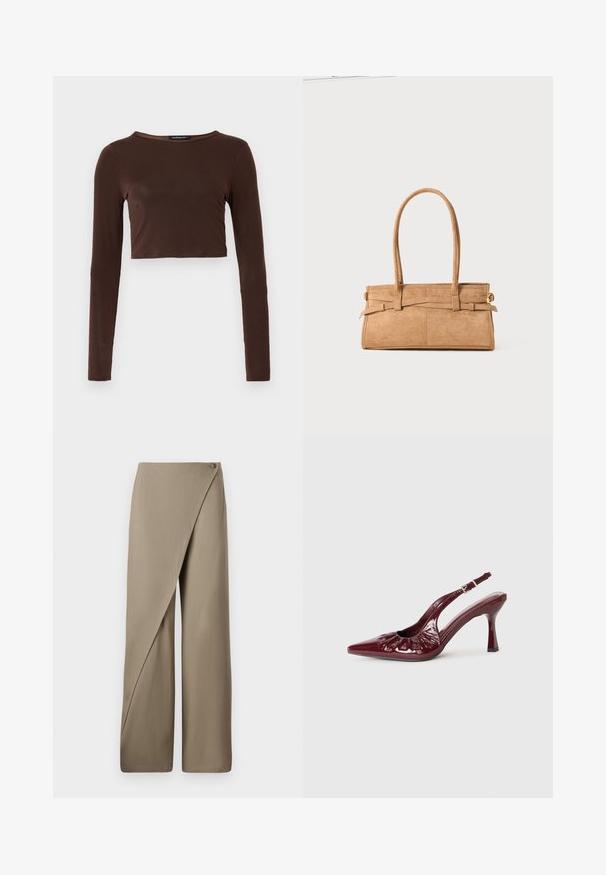 Hnedý dlhý rukáv cropped top vyrobený z hladkého materiálu, s okrúhlym výstrihom a priliehavým strihom. Bez viditeľných vzorov alebo akcentov.; Beige nohavice s širokými nohavicami a prehnutým predným dielom, s jedným gombíkom a hladkým, ľahkým textilným povrchom.; Burgundské lakové lodičky s otvorenou pätou, špicatou špičkou a volánikmi, s úzkym opätkom a nastaviteľným remienkom okolo členku.; Svetlohnedá semišová kabelka s dvoma dlhými rúčkami, obdĺžnikovým tvarom a dekoratívnym prešívaním. Obsahuje bočný popruh a jemné zlaté kovové doplnky.