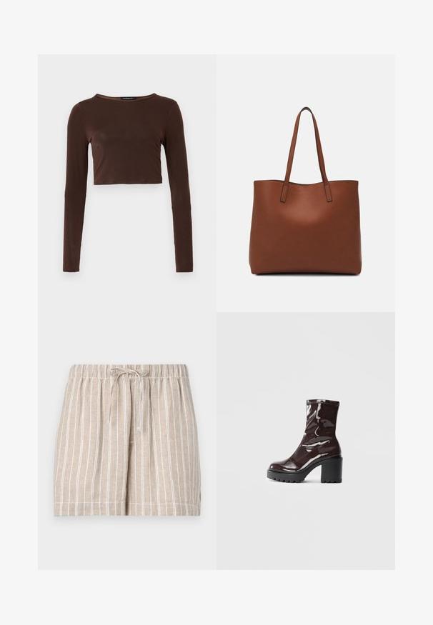 Brown long-sleeve cropped top made of smooth material, featuring a rounded neckline and form-fitting design. No visible patterns or accents.; Beige linen shorts with white vertical stripes, elastic waistband, and drawstring. Casual design features stitched hems and side pockets.; Glossy burgundy ankle boot with a chunky black heel, featuring a smooth texture and simple design. No visible fastenings or patterns.; Brown leather tote bag with a smooth texture, open top design, and two shoulder straps. Features minimal stitching and no visible hardware.