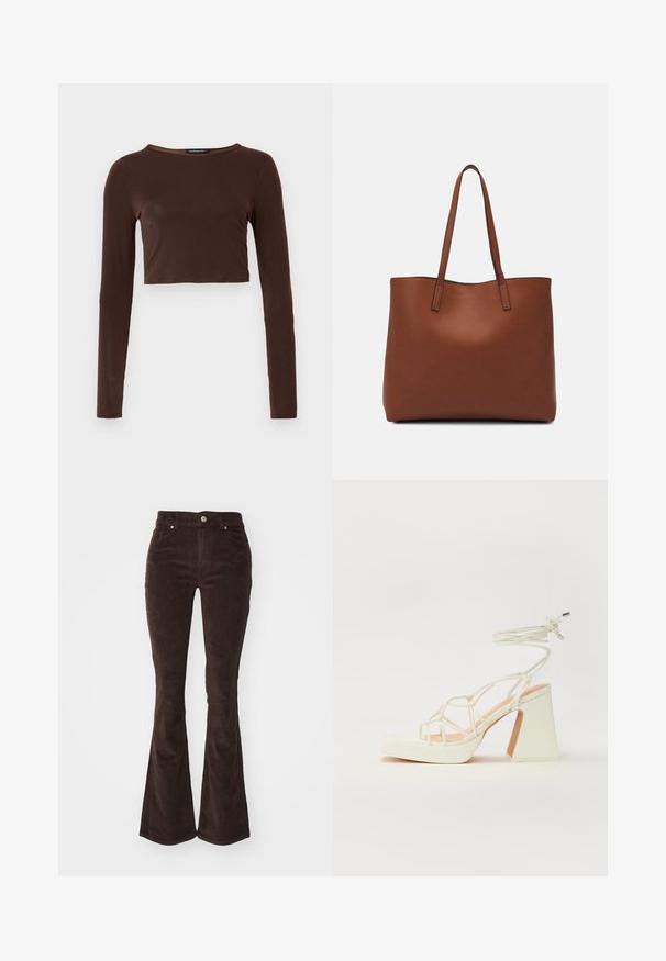 Top croppé à manches longues marron, fabriqué dans un matériau lisse, avec un col rond et une coupe près du corps. Pas de motifs ou d'accents visibles.; Vero Moda VMFLASH FLARED PANTS - Pantalon classique - chocolate torte; Sandale blanche à talons hauts avec un talon épais, présentant un design à lanières et un lien autour de la cheville. Texture lisse avec une plateforme à l'avant pour une hauteur supplémentaire.; Sac fourre-tout en cuir marron avec une texture lisse, design à ouverture supérieure et deux poignées pour le porter à l'épaule. Présente des coutures minimales et aucun matériel visible.
