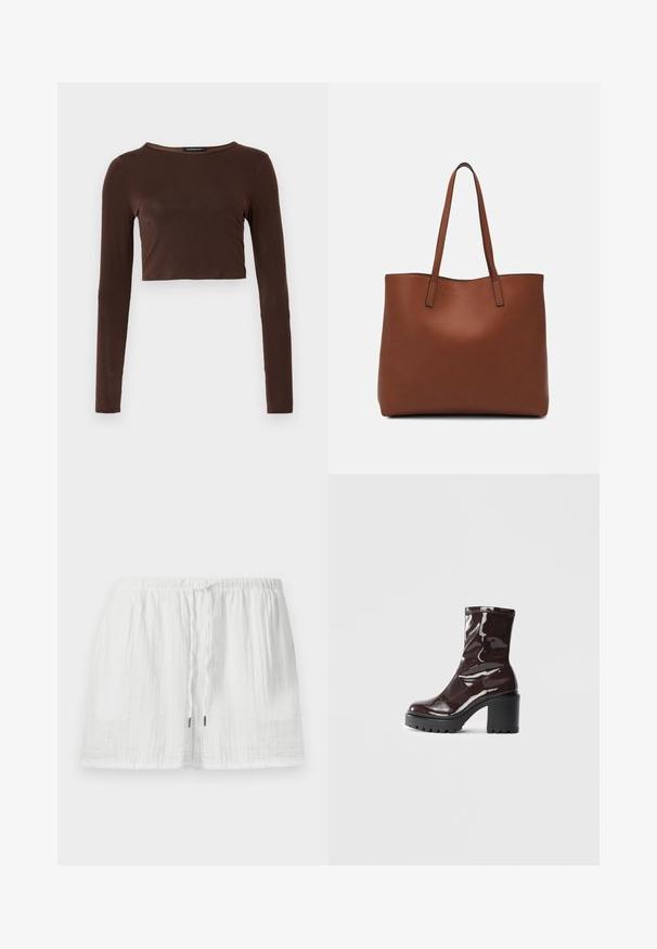 Brūns garo piedurknu kropts topiņš, izgatavots no gludas materiāla, ar apaļu kakla izgriezumu un pieguļošu dizainu. Nav redzamu rakstu vai akcentu.; Gaiši balti kokvilnas šorti ar elastīgu jostu un regulējamu auklu, ar teksturētu audumu un brīvu piegriezumu.; Spīdīgas bordo potīšu botītes ar masīlu melnu papēdi, kurām ir gluda tekstūra un vienkāršs dizains. Nav redzamu aizdari vai rakstu.; Brūna ādas iepirkumu soma ar gludu tekstūru, atvērta augšdaļa un divas plecu siksnas. Izceļas ar minimālām šuvēm un redzamu aparatūru nav.