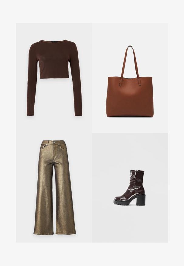 Brūns garo piedurknu kropts topiņš, izgatavots no gludas materiāla, ar apaļu kakla izgriezumu un pieguļošu dizainu. Nav redzamu rakstu vai akcentu.; Platas kājas džinsi, izgatavoti no metāliski zelta auduma ar mirdzošu tekstūru. Ar augstu jostasvietu, priekšējām kabatām un klasisku piecu kabatu dizainu.; Spīdīgas bordo potīšu botītes ar masīlu melnu papēdi, kurām ir gluda tekstūra un vienkāršs dizains. Nav redzamu aizdari vai rakstu.; Brūna ādas iepirkumu soma ar gludu tekstūru, atvērta augšdaļa un divas plecu siksnas. Izceļas ar minimālām šuvēm un redzamu aparatūru nav.