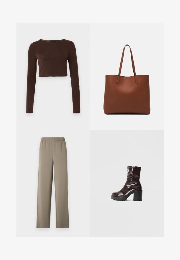 Rjava dolga majica s cropped dizajnom, izdelana iz gladkega materiala, z zaobljenim izrezom in prileganjem. Brez vidnih vzorcev ali poudarkov.; Hlače za enostavno oblačenje v svetlo khaki barvi. Narejene so iz gladkega materiala z elastičnim pasom in širokimi nogavicami. Brez vidnih vzorcev ali dodatkov.; Sijajan škrlatank z bleščečim videzom, z masivnim črnim peto, ki se ponaša z gladko teksturo in preprostim dizajnom. Brez vidnih zapenjal ali vzorcev.; Rjava usnjena torba z gladko teksturo, odprto zasnovo zgoraj in dvema naramnima trakovoma. Opremljena je z minimalnim šivanjem in brez vidnih kovinskih delov.