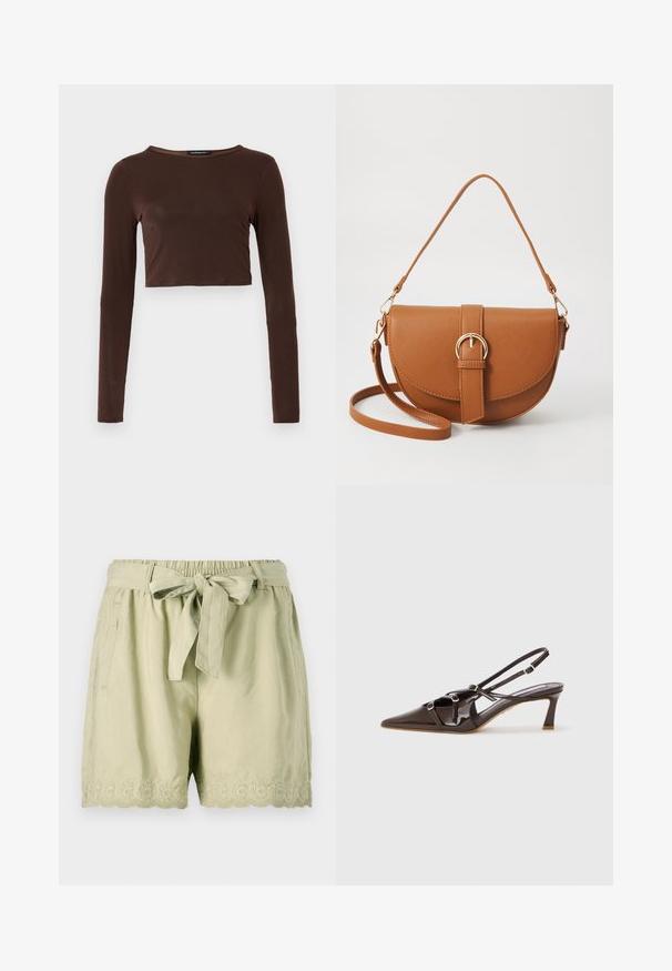 Top croppé à manches longues marron, fabriqué dans un matériau lisse, avec un col rond et une coupe près du corps. Pas de motifs ou d'accents visibles.; Shorts vert clair en tissu doux, dotés d'une taille élastique, d'une ceinture nouée, de poches latérales et d'une broderie festonnée complexe au bas.; Escarpin en cuir verni marron à talon slingback avec un bout pointu, des brides ajustables et des boucles décoratives à l'avant. Hauteur de talon de 3 pouces.; Sac bandoulière en cuir marron avec une forme incurvée, quincaillerie dorée et un accent en boucle. Comprend une bandoulière détachable.