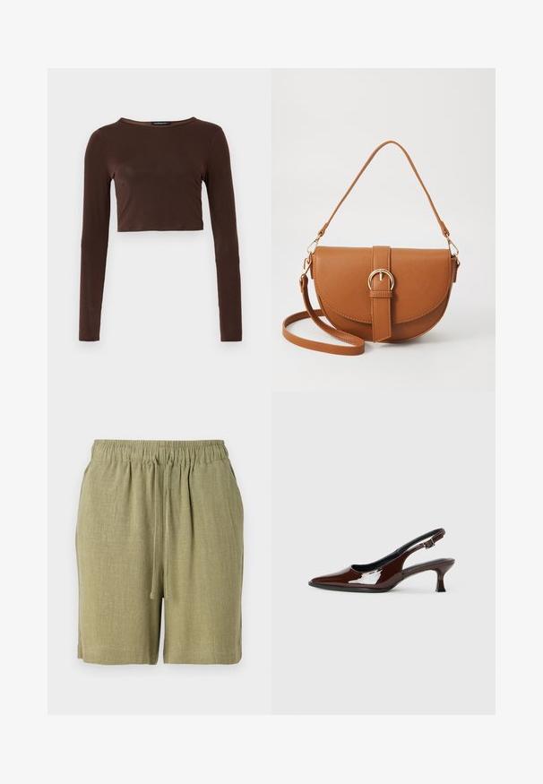 Brauner, langärmeliger, verkürzter Oberteil aus glattem Material mit einem runden Ausschnitt und figurbetontem Design. Keine sichtbaren Muster oder Akzente.; Olivgrüne Shorts aus einem strukturierten, atmungsaktiven Stoff. Mit elastischem Bund und Kordelzug für eine verstellbare Passform.; Braune Lackleder-Slingback-Schuhe mit spitzer Zehe und moderatem Absatz. Mit einem Schnallenriemen für einen sicheren Sitz. Glatte Textur.; Braune Leder-Crossbody-Tasche mit geschwungener Form, goldfarbenen Beschlägen und einer Schnallenakzentuierung. Verfügt über einen abnehmbaren Schultergurt.