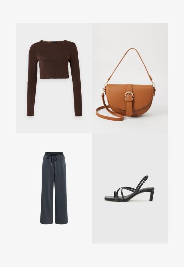 Hnedý dlhý rukáv cropped top vyrobený z hladkého materiálu, s okrúhlym výstrihom a priliehavým strihom. Bez viditeľných vzorov alebo akcentov.; Kaffe NEVIL - Nohavice - dark grey melange; Čierne sandále na vysokom podpätku so štvorcovou špičkou a nízkym blokovým podpätkom. Obsahujú viacero tenkých popruhov a nastaviteľný členkový popruh. Vyrobené z hladkej kože.; Hnedá kožená kabelka cez telo s zakriveným tvarom, zlatými kovovými doplnkami a akcentom s prackou. Obsahuje odnímateľný ramenný popruh.