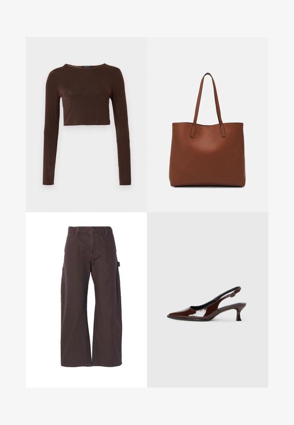 Brązowy, długi rękaw, krótki top wykonany z gładkiego materiału, z okrągłym dekoltem i dopasowanym krojem. Brak widocznych wzorów lub akcentów.; Brązowe spodnie cargo z szerokimi nogawkami, wykonane z mocnego materiału. Posiadają kieszenie boczne oraz zapięcie na guzik. Proste detale szycia.; Brązowe lakierowane skórzane buty na obcasie typu slingback z ostrym noskiem i umiarkowanym obcasem. Posiadają pasek z klamrą dla zapewnienia stabilnego dopasowania. Gładka tekstura.; Brązowa skórzana torba tote o gładkiej fakturze, z otwartym wierzchem i dwoma ramiączkami. Charakteryzuje się minimalnym przeszyciem i brakiem widocznych elementów metalowych.