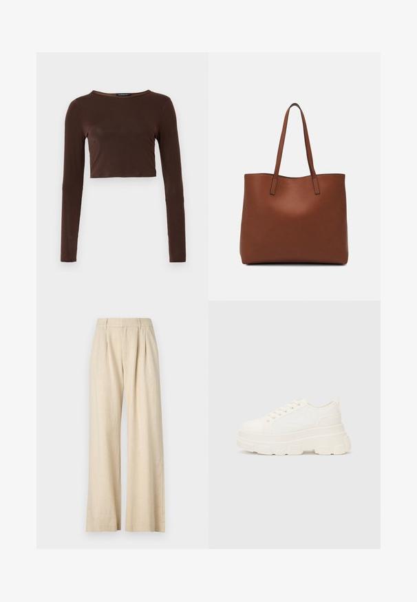 Brūns garo piedurknu kropts topiņš, izgatavots no gludas materiāla, ar apaļu kakla izgriezumu un pieguļošu dizainu. Nav redzamu rakstu vai akcentu.; Bežīgas platā stila bikses ar teksturētu virsmu, ar krokām priekšpusē, piegulošu jostasvietu un bez redzamām detaļām vai rotājumiem.; Baltas kavu tenisa apavi ar masīvu zoli, apaļu purngalu un piecām acīm auklām. Aizmugures cilpa vieglai uzvilkšanai. Gluda tekstūra, minimāls dizains.; Brūna ādas iepirkumu soma ar gludu tekstūru, atvērta augšdaļa un divas plecu siksnas. Izceļas ar minimālām šuvēm un redzamu aparatūru nav.