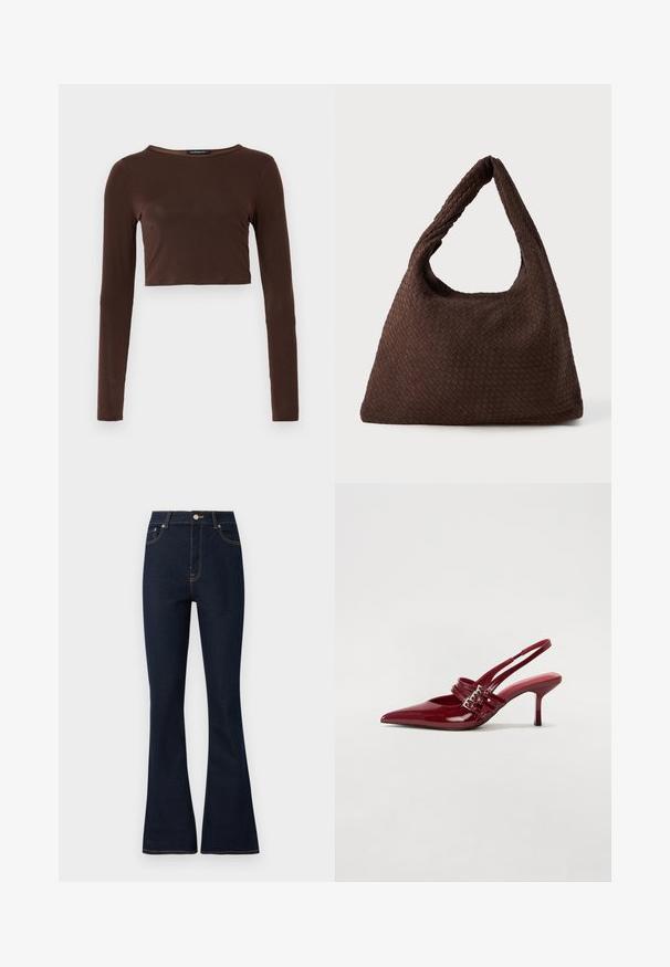 Brun langermet cropped topp laget av glatt materiale, med rund halslinning og tettsittende design. Ingen synlige mønstre eller detaljer.; Mørkeblå denim flared jeans med høy midje, med gyllen søm, frontlommer og metallknapplukking.; Røde patentleder slingback hæle med spids tå, to spænde stropper og en slank, mellemhøj stiletto hæl. Glat tekstur.; Brun flettet veske med en slapp form, en enkelt løkkehåndtak og en teksturert overflate. Designet har en hobo-stil uten ekstra utstyr.