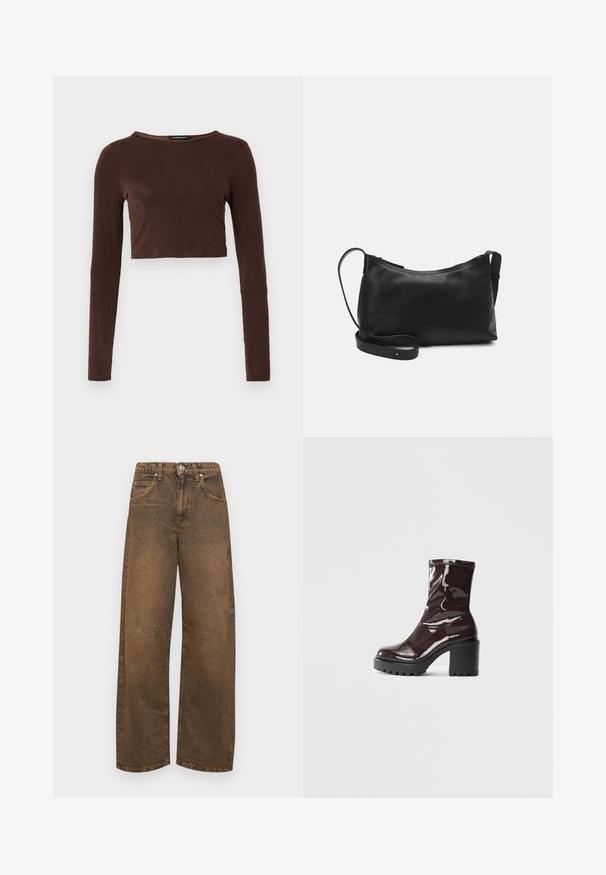 Ruskea pitkähihainen lyhyt toppi, joka on valmistettu sileästä materiaalista, ja siinä on pyöreä pääntie sekä vartalonmyötäinen muotoilu. Ei näkyviä kuvioita tai yksityiskohtia.; BDG Urban Outfitters LOGAN - Leveälahkeiset - rust tint; Satea bordeaux berwarna mengkilap dengan tumit hitam tebal, menampilkan tekstur halus dan desain sederhana. Tanpa pengikat atau pola yang terlihat.; Musta nahkainen olkalaukku, jossa on sileä pinta, kaareva muoto, säädettävä hihna ja vetoketjukiinnitys. Minimalistinen muotoilu ilman koristeita.