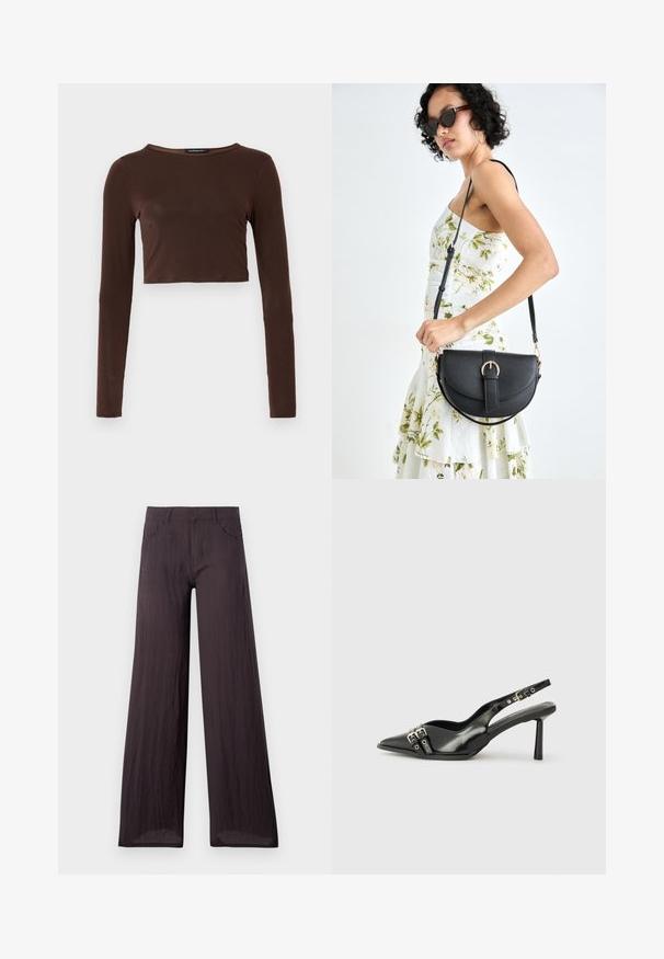 Top croppé à manches longues marron, fabriqué dans un matériau lisse, avec un col rond et une coupe près du corps. Pas de motifs ou d'accents visibles.; Pantalons larges gris foncé en tissu léger et texturé avec une finition lisse, dotés de poches frontales et d'une taille classique.; Chaussure slingback en cuir verni noir avec un embout pointu, des brides de cheville avec des boucles en argent et des éléments en métal, et un talon fin.; Sac à main en cuir noir avec une forme courbée, bandoulière amovible et des accessoires en or. Le sac est doté d'un rabat avec un détail de boucle.