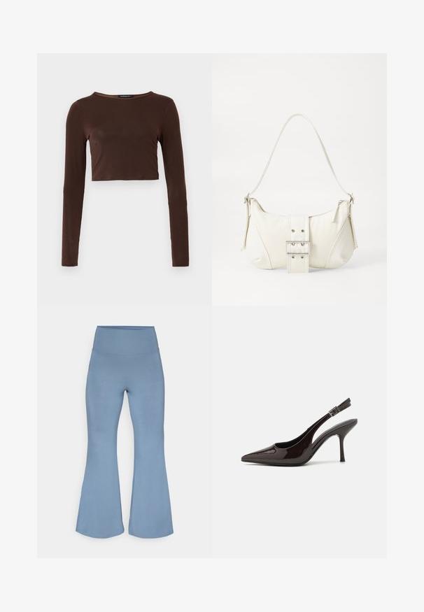 Bruine langarm cropped top gemaakt van een glad materiaal, met een ronde halslijn en een aansluitend ontwerp. Geen zichtbare patronen of accenten.; Uiteinde yoga broek in lichtblauw, gemaakt van rekbaar materiaal. Hoge tailleband en een soepele textuur, die naar bredere zoom aan de enkels tapert.; Slingback hoge hak schoen in glanzend donkerbruin patentleer, puntige neus, open zijkanten en verstelbare enkelband.; Witte schoudertas met een gestructureerde afwerking, een centrale gesp accent, en een gebogen vorm. Ritssluitingen aan beide zijkanten.