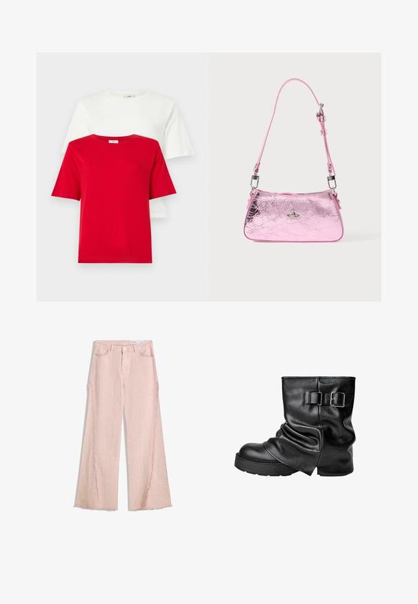 Červené a bílé bavlněné trička naskládané na sobě, kulatý výstřih a krátké rukávy. Jednoduchý design, hladká textura a žádné viditelné vzory ani akcenty.; Světle růžové široké džíny s texturovaným povrchem, třepeným lemem a designem s pěti kapsami. Mají zapínání na knoflík a poutek na opasek.; Černé kožené kotníkové boty s volným designem, čtveratou špičkou a bočním přezkovým akcentem. Silná podrážka poskytuje větší výšku a stabilitu.; Růžová metalická kabelka s texturou mačkané kůže, nastavitelným popruhem a stříbrným kováním. Na přední straně je malá ozdoba.
