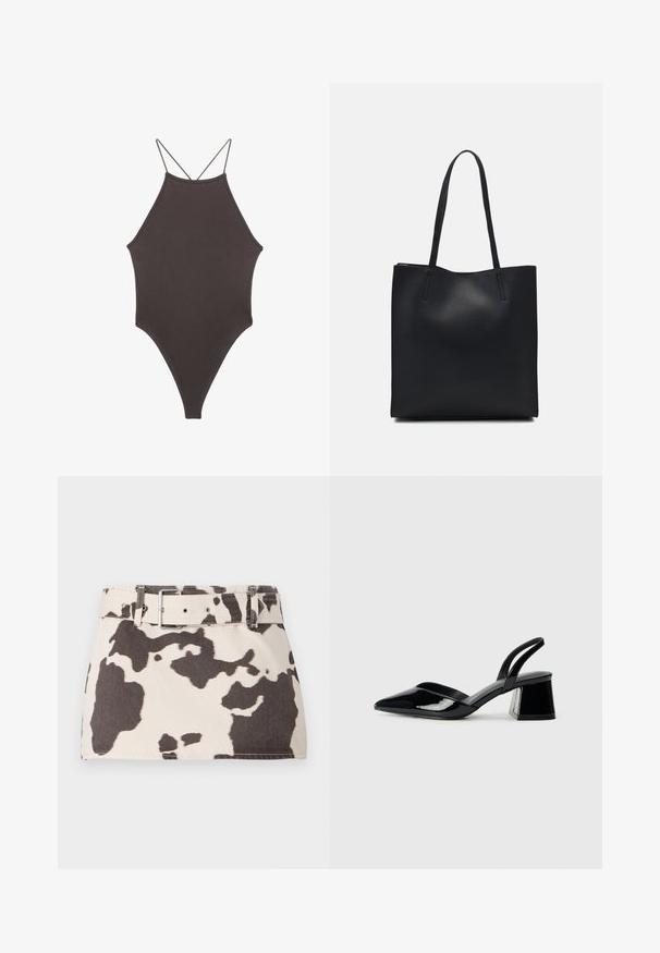 Brązowy jednoczęściowy kostium kąpielowy z wysokim dekoltem i cienkimi, regulowanymi ramiączkami; charakteryzuje się wysokim krojem nogawek i gładką teksturą. Bez wzorów ani ozdób.; Spódnica mini w stylu denim w wzór krowy z paskiem w talii. Posiada kontrastowe ciemno-brązowe kształty na jasnym tle. Teksturowany materiał z mocnym przeszyciem.; Czarne lakierowane półbuty na obcasie z wydłużonym noskiem i geometrycznym słupkiem. Charakteryzują się eleganckim, minimalistycznym designem oraz gładką fakturą.; Czarna skórzana torba tote o gładkiej fakturze, prostokątnym kształcie i dwóch długich uchwytach. Brak widocznych elementów metalowych i ozdób.
