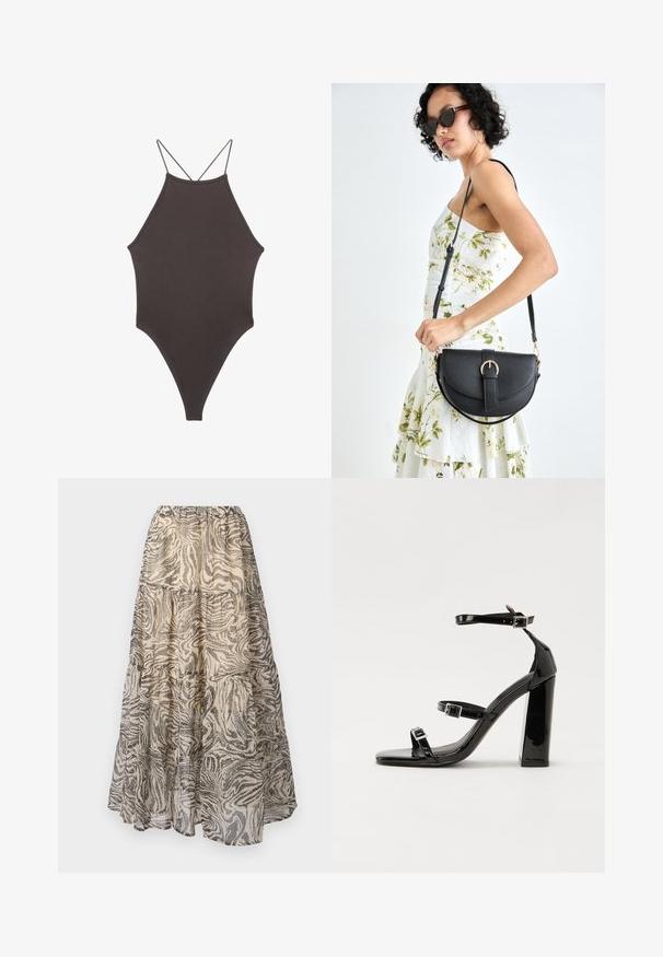 Ruskea, korkeakauluksinen yksiosainen uimapuku, jossa on ohuet, säädettävät hihnat; siinä on korkea lahje ja sileä tekstuuri. Ei kuvioita tai koristeita.; Kerrosmainen maksihame kevyestä kankaasta, jossa on vaaleanbeige ja musta seeprahaitakuosi. Joustava vyötärö, joka tarjoaa säädettävän istuvuuden.; Musta kiiltävä korkokenkä sandaalit neliönmuotoisella varpaalla, nilkkaremmillä ja hopeisilla soljilla. Varustettu tukevalla lohkokorkealla vakauden takaamiseksi.; Musta nahkainen käsilaukku, joka on kaareva muotoilultaan, irrotettavalla hihnalla ja kultaisilla yksityiskohdilla. Laukussa on läppä, jossa on solk yksityiskohta.