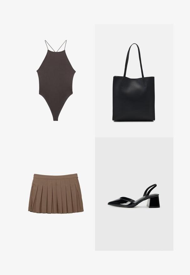 Brun højhalset heldragt badedragt med tynde, justerbare stropper; har højt skåret ben og glat tekstur. Ingen mønstre eller udsmykninger.; Brun plisseret mini-nederdel med en talje og diskret logo-detalje på en hvid baggrund.; Sorte patentlæder slingback hæle med spids tå og en geometrisk blok hæl. Har et elegant, minimalistisk design og en glat tekstur.; Sort læder tote taske med glat tekstur, rektangulær form og to lange hanke. Ingen synlig hardware eller udsmykninger.