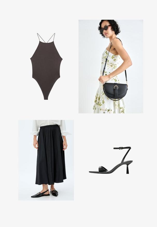 Costume da bagno intero marrone con collo alto e spalline sottili e regolabili; presenta una gamba alta e una texture liscia. Nessun motivo o decorazione.; Gonna nera alla caviglia con cintura elastica, caratterizzata da una texture liscia e un design fluido. Abbinata a scarpe nere con tacco basso.; Bershka Sandali con tacco - black; Borsa a tracolla nera in pelle con una forma curva, manico rimovibile e accessori dorati. La borsa presenta una patta con un dettaglio a fibbia.