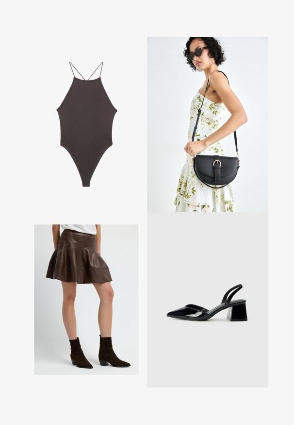 Hnědé, jednodílné plavky s vysokým krkem a tenkými, nastavitelnými ramínky; mají vysoký střih nohavic a hladkou texturu. Žádné vzory ani ozdoby.; Hnědá sukně s áčkovým lemem z umělé kůže s outfitem na míru v pase, s detaily šití. Spárovaná s hnědými semišovými kotníkovými botami s špičatou špičkou.; Černé lakované kožené lodičky na pásku s špičatou špičkou a geometrickým blokovým podpatkem. Vyznačují se elegantním, minimalistickým designem a hladkým povrchem.; Černá kožená kabelka s křivkovým tvarem, odnímatelným popruhem a zlatými detaily. Kabelka má klopu s přezkou.