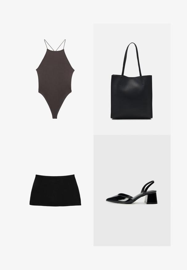 Maillot de bain une pièce marron à col montant avec des bretelles fines et réglables ; présente une jambe haute et une texture lisse. Aucun motif ni embellissement.; Mini-jupe noire en coton avec une taille ajustée. Texture lisse, design simple et ourlet droit. Pas de motifs ou de pièces métalliques visibles.; Escarpins en cuir verni noir avec bout pointu et talon bloc géométrique. Présente un design élégant et minimaliste ainsi qu'une texture lisse.; Sac fourre-tout en cuir noir avec une texture lisse, de forme rectangulaire et deux longues poignées. Pas de matériel ou d'ornementations visibles.