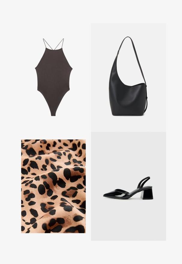 Bruine, hoge hals ééndelige zwempak met dunne, verstelbare schouderbandjes; beschikt over een hoge beenuitsnijding en een gladde textuur. Geen patronen of versieringen.; Luipaardprint stof met grote zwarte vlekken op een beige achtergrond, met een gladde satijnen textuur en een vloeiende uitstraling.; Zwarte gepatineerde leren slingback hakken met een spitse neus en een geometrische blokhak. Kenmerkt zich door een slank, minimalistisch ontwerp en een gladde textuur.; Zwarte leren hobo tas met een gladde textuur, kromme vorm en een enkele verstelbare schouderband; heeft een brede opening aan de bovenkant.