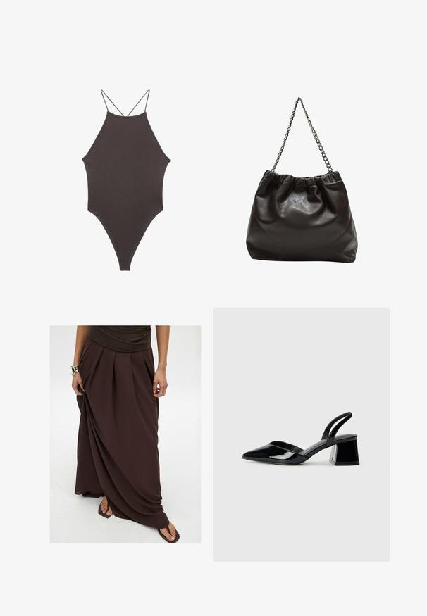Brązowy jednoczęściowy kostium kąpielowy z wysokim dekoltem i cienkimi, regulowanymi ramiączkami; charakteryzuje się wysokim krojem nogawek i gładką teksturą. Bez wzorów ani ozdób.; Brąskowa spódnica maxi wykonana z lekkiego materiału, z plisami, zwiewnym krojem i elastyczną talią dla komfortu.; Czarne lakierowane półbuty na obcasie z wydłużonym noskiem i geometrycznym słupkiem. Charakteryzują się eleganckim, minimalistycznym designem oraz gładką fakturą.; Brązowa skórzana torba z marszczonym szczytem i łańcuszkowym paskiem. Gładka tekstura z błyszczącym wykończeniem i subtelnymi detalami szwów po bokach.