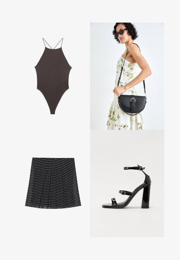 Ruskea, korkeakauluksinen yksiosainen uimapuku, jossa on ohuet, säädettävät hihnat; siinä on korkea lahje ja sileä tekstuuri. Ei kuvioita tai koristeita.; Musta hame, jossa on valkoisia pilkkuja, ja joka on varustettu laskoksilla ja sileällä pinnalla. Hameessa on kaareva helma ja yksinkertainen vyötärönauha.; Musta kiiltävä korkokenkä sandaalit neliönmuotoisella varpaalla, nilkkaremmillä ja hopeisilla soljilla. Varustettu tukevalla lohkokorkealla vakauden takaamiseksi.; Musta nahkainen käsilaukku, joka on kaareva muotoilultaan, irrotettavalla hihnalla ja kultaisilla yksityiskohdilla. Laukussa on läppä, jossa on solk yksityiskohta.; Sarja viisi kultaketjua, joissa on erilaisia muotoiluja: kierrettyjä, uritettuja ja tasaisia pintoja hoop- ja puolikuun muodoissa.