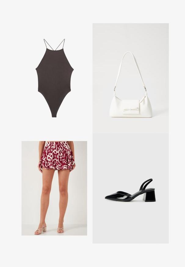 Maillot de bain une pièce marron à col montant avec des bretelles fines et réglables ; présente une jambe haute et une texture lisse. Aucun motif ni embellissement.; LELA SLIM FIT - Jupe trapèze - red; Escarpins en cuir verni noir avec bout pointu et talon bloc géométrique. Présente un design élégant et minimaliste ainsi qu'une texture lisse.; Sac à main synthétique blanc en forme triangulaire, avec un rabat avant plat et un détail en nœud, une bandoulière ajustable, une texture lisse et un design minimaliste.