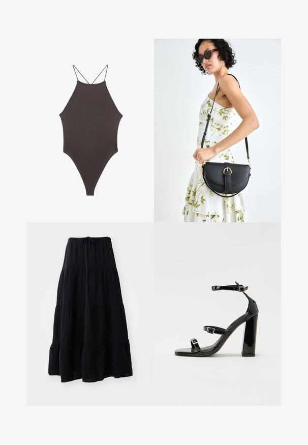 Maillot de bain une pièce marron à col montant avec des bretelles fines et réglables ; présente une jambe haute et une texture lisse. Aucun motif ni embellissement.; Jupe noire à volants en tissu léger, dotée d'une taille élastique avec cordon de serrage, et d'un design fluide et texturé.; Sandales à talons hauts en cuir verni noir avec deux brides à boucles, bout carré et talon bloc épais, présentant une texture lisse et brillante.; Sac à main en cuir noir avec une forme courbée, bandoulière amovible et des accessoires en or. Le sac est doté d'un rabat avec un détail de boucle.