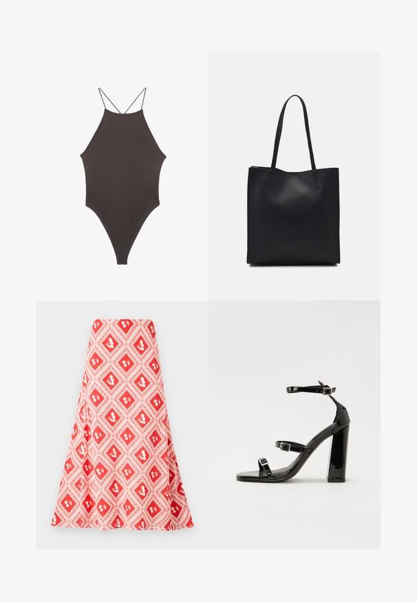 Maillot de bain une pièce marron à col montant avec des bretelles fines et réglables ; présente une jambe haute et une texture lisse. Aucun motif ni embellissement.; Jupe à motifs rouge et blanc présentant un design en losange avec de petits motifs floraux et une coupe évasée, fabriquée à partir d'un tissu lisse.; Sandales à talons vernies noires avec un bout carré, des sangles autour de la cheville et des boucles en argent. Dotées d'un talon bloc épais pour plus de stabilité.; Sac fourre-tout en cuir noir avec une texture lisse, de forme rectangulaire et deux longues poignées. Pas de matériel ou d'ornementations visibles.