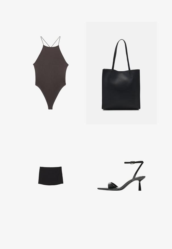 Brauner, hochgeschlossener Badeanzug mit dünnen, verstellbaren Trägern; zeichnet sich durch einen hohen Beinschnitt und eine glatte Textur aus. Keine Muster oder Verzierungen.; Schwarzer Minirock aus glattem, dehnbarem Stoff; mit geradem Schnitt, subtilem Saum und ohne sichtbare Verschlüsse oder Muster.; Bershka High Heel Sandalette - black; Schwarze Laptoptasche aus Leder mit glatter Textur, rechteckiger Form und zwei langen Griffen. Keine sichtbaren Beschläge oder Verzierungen.