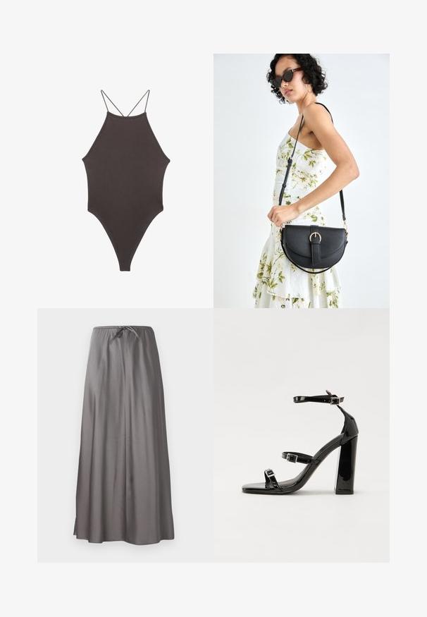 Bruine, hoge hals ééndelige zwempak met dunne, verstelbare schouderbandjes; beschikt over een hoge beenuitsnijding en een gladde textuur. Geen patronen of versieringen.; Grijze maxi rok gemaakt van glad, lichtgewicht stof. Bevat een elastische tailleband met een trekkoord en zijspleten voor bewegingsgemak.; Zwarte gepatenteerde sandalen met hak en een vierkante neus, enkelbandjes en zilveren gespen. Heeft een stevige blokhak voor stabiliteit.; Zwarte leren handtas met een gebogen vorm, afneembare schouderband en gouden hardware. De tas heeft een klep met een gespsluiting.