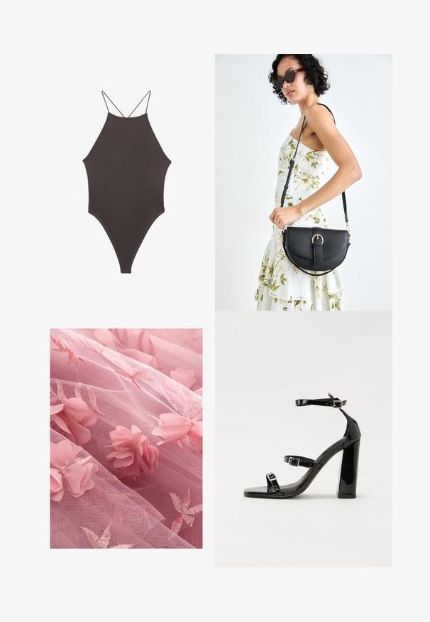 Bruine, hoge hals ééndelige zwempak met dunne, verstelbare schouderbandjes; beschikt over een hoge beenuitsnijding en een gladde textuur. Geen patronen of versieringen.; Roze tule stof met bloemapplicaties en geborduurde bladpatronen, met een zachte, doorschijnende textuur en gelaagd uiterlijk.; Zwarte gepatenteerde sandalen met hak en een vierkante neus, enkelbandjes en zilveren gespen. Heeft een stevige blokhak voor stabiliteit.; Zwarte leren handtas met een gebogen vorm, afneembare schouderband en gouden hardware. De tas heeft een klep met een gespsluiting.