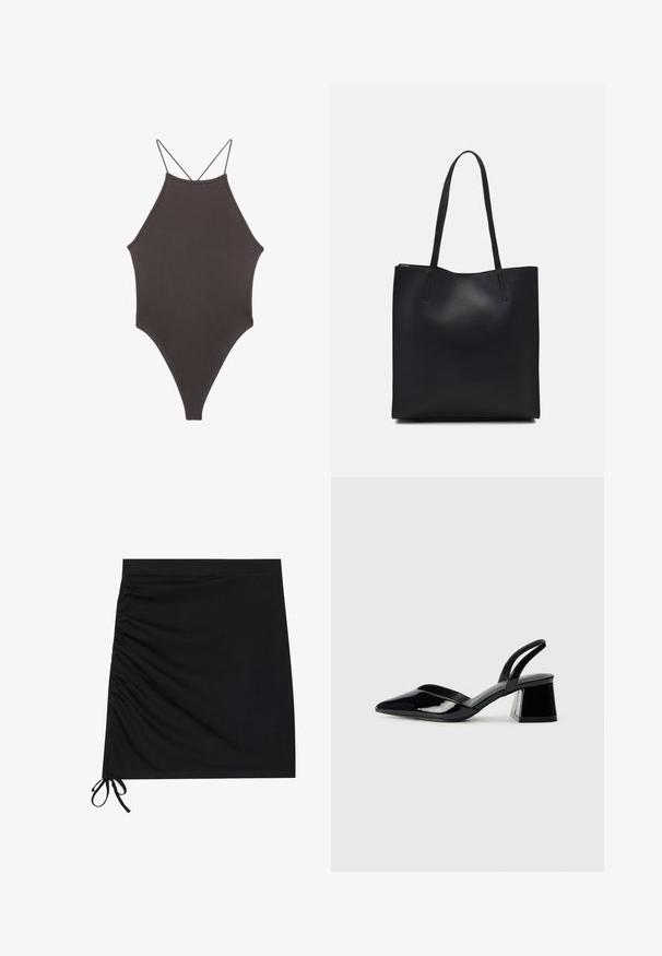 Brązowy jednoczęściowy kostium kąpielowy z wysokim dekoltem i cienkimi, regulowanymi ramiączkami; charakteryzuje się wysokim krojem nogawek i gładką teksturą. Bez wzorów ani ozdób.; Czarna mini spódnica wykonana z miękkiego materiału, z bocznymi marszczeniami i sznurkami na dole. Gładka tekstura z dopasowanym krojem.; Czarne lakierowane półbuty na obcasie z wydłużonym noskiem i geometrycznym słupkiem. Charakteryzują się eleganckim, minimalistycznym designem oraz gładką fakturą.; Czarna skórzana torba tote o gładkiej fakturze, prostokątnym kształcie i dwóch długich uchwytach. Brak widocznych elementów metalowych i ozdób.