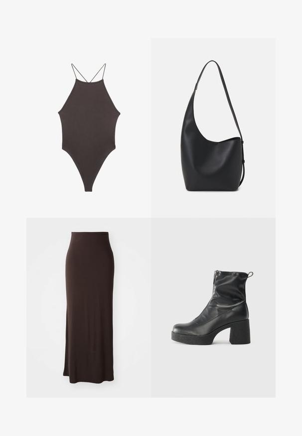 Brauner, hochgeschlossener Badeanzug mit dünnen, verstellbaren Trägern; zeichnet sich durch einen hohen Beinschnitt und eine glatte Textur aus. Keine Muster oder Verzierungen.; Lange, figurbetonte braune Röcke aus glattem, elastischem Stoff mit hoher Taille und einem seitlichen Schlitz, der eine elegante Silhouette bietet.; Schwarze Stiefeletten aus glattem Leder mit seitlichem Reißverschluss, klobigem strukturiertem Absatz und runder Zehenform.; Schwarze Leder-Hobo-Tasche mit einer glatten Textur, geschwungener Form und einem einzelnen verstellbaren Tragegurt; verfügt über eine weite Öffnung am oberen Ende.