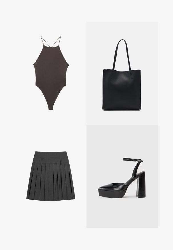 Costume da bagno intero marrone con collo alto e spalline sottili e regolabili; presenta una gamba alta e una texture liscia. Nessun motivo o decorazione.; Gonna grigia plissettata realizzata in tessuto texturizzato, caratterizzata da una vita piatta con due linguette frontali e numerosi plissé verticali per una maggiore voluminosità.; Tacchi a piattaforma neri con punta appuntita e cinturino regolabile alla caviglia. Realizzati in pelle liscia, presentano un tacco a blocco spesso.; Borsa tote in pelle nera con texture liscia, forma rettangolare e due manici lunghi. Nessun hardware o decorazione visibile.