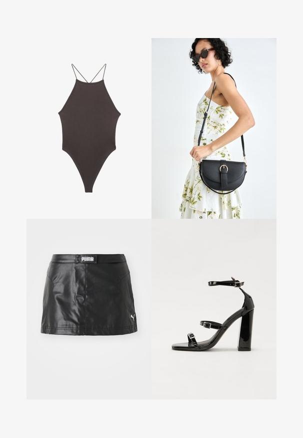Ruskea, korkeakauluksinen yksiosainen uimapuku, jossa on ohuet, säädettävät hihnat; siinä on korkea lahje ja sileä tekstuuri. Ei kuvioita tai koristeita.; Musta keinonahkainen hame, jossa on sileä pinta, ja PUMA-logo vyötäröllä sekä pieni logo helman kohdalla.; Musta kiiltävä korkokenkä sandaalit neliönmuotoisella varpaalla, nilkkaremmillä ja hopeisilla soljilla. Varustettu tukevalla lohkokorkealla vakauden takaamiseksi.; Musta nahkainen käsilaukku, joka on kaareva muotoilultaan, irrotettavalla hihnalla ja kultaisilla yksityiskohdilla. Laukussa on läppä, jossa on solk yksityiskohta.