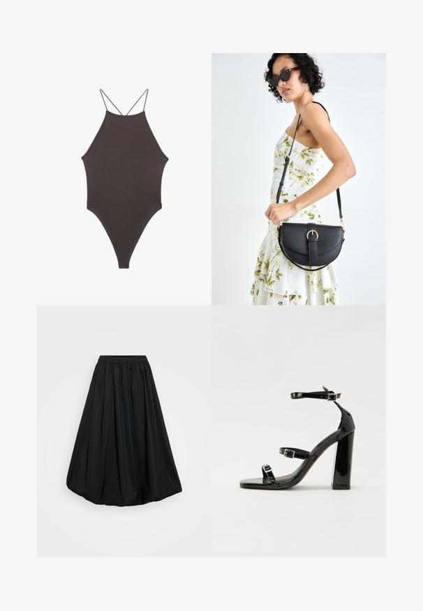 Rjav, enodelni kopalke z visokim ovratnikom in tankimi nastavljivimi naramnicami; ima visok rez na nogah in gladko teksturo. Brez vzorcev ali okrasnih elementov.; Črna krila do gležnjev iz lahkotnega materiala z elastičnim pasom in nabranim dizajnom, ki se ponaša z gladko teksturo in voluminozno obliko.; Črne lakirane sandale s peto, kvadratnim prstom, trakovi okrog gležnja in srebrnimi zaponkami. Opremljene so s stabilno Debelo peto.; Črna usnjena torbica s ukrivljeno obliko, z odstranljivo naramnico in zlatimi dodatki. Torbica ima pokrov s podrobnostmi v obliki zaponke.; Zlate obroče za ušesa z gladkim, zaobljenim dizajnom. Tanki in lahki, z neprekinjenim krogom brez okrasnih elementov.