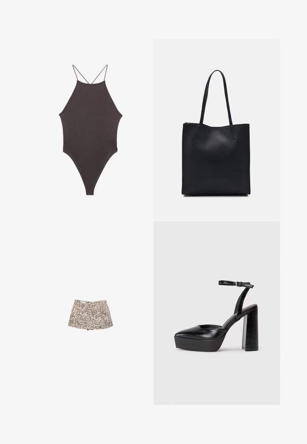 Brun, hög nacke baddräkt med tunna, justerbara remmar; har högskuren ben och slät textur. Inga mönster eller dekorationer.; Däggdjursmönstrade denimshorts, beige bas med mörkbruna fläckar, hög midja, två framfickor och en stilren klippning.; Svarta plattformsskor med spetsig tå och justerbart vristband. Tillverkade av mjukt läder, med en kraftig blockklack.; Svart lädertoffelväska med slät textur, rektangulär form och två långa handtag. Ingen synlig hårdvara eller dekorationer.