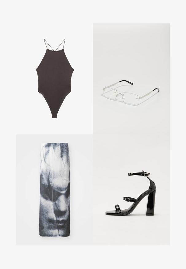Bruine, hoge hals ééndelige zwempak met dunne, verstelbare schouderbandjes; beschikt over een hoge beenuitsnijding en een gladde textuur. Geen patronen of versieringen.; Zwart-wit lange rok met een grafische print van een gezicht, met een soepele textuur en een aansluitende silhouet.; Zwarte gepatenteerde sandalen met hak en een vierkante neus, enkelbandjes en zilveren gespen. Heeft een stevige blokhak voor stabiliteit.; Rechthoekige, doorzichtige brillenglazen met een dunne zilveren metalen montuur en zwarte acetaat uiteinden. Heeft minimale hardware voor een strakke uitstraling.