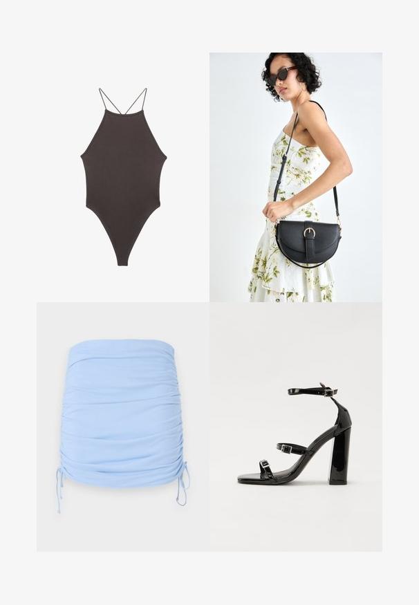 Rjav, enodelni kopalke z visokim ovratnikom in tankimi nastavljivimi naramnicami; ima visok rez na nogah in gladko teksturo. Brez vzorcev ali okrasnih elementov.; Svetlo modra mini krila z gubanjem, izdelana iz raztegljive tkanine. Ima vrvice na straneh za prilagodljivo prileganje in gladko teksturo.; Črne lakirane sandale s peto, kvadratnim prstom, trakovi okrog gležnja in srebrnimi zaponkami. Opremljene so s stabilno Debelo peto.; Črna usnjena torbica s ukrivljeno obliko, z odstranljivo naramnico in zlatimi dodatki. Torbica ima pokrov s podrobnostmi v obliki zaponke.