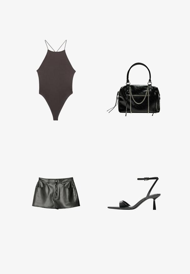 Brun højhalset heldragt badedragt med tynde, justerbare stropper; har højt skåret ben og glat tekstur. Ingen mønstre eller udsmykninger.; Sort læder mini nederdel med en glat tekstur, der har to forlommer og metalknapdetaljer. Kort længde og klassisk snit.; Bershka Højhælede sandaletter / Højhælede sandaler - black; Bershka WITH CHAIN - Håndtasker - black
