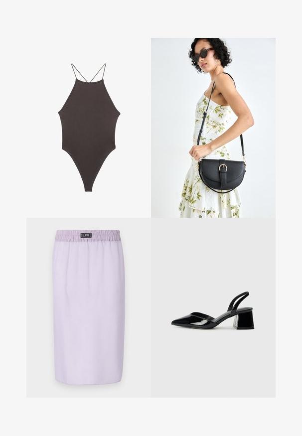 Rjav, enodelni kopalke z visokim ovratnikom in tankimi nastavljivimi naramnicami; ima visok rez na nogah in gladko teksturo. Brez vzorcev ali okrasnih elementov.; Lila krilo z elastičnim pasom, do kolen, gladke teksture, brez vidnih vzorcev ali dodatkov. Blagovna znamka na pasu.; Črne lakirane slingback pete s koničastim nosom in geometrijsko blokasto peto. Imajo eleganten, minimalističen dizajn in gladko teksturo.; Črna usnjena torbica s ukrivljeno obliko, z odstranljivo naramnico in zlatimi dodatki. Torbica ima pokrov s podrobnostmi v obliki zaponke.