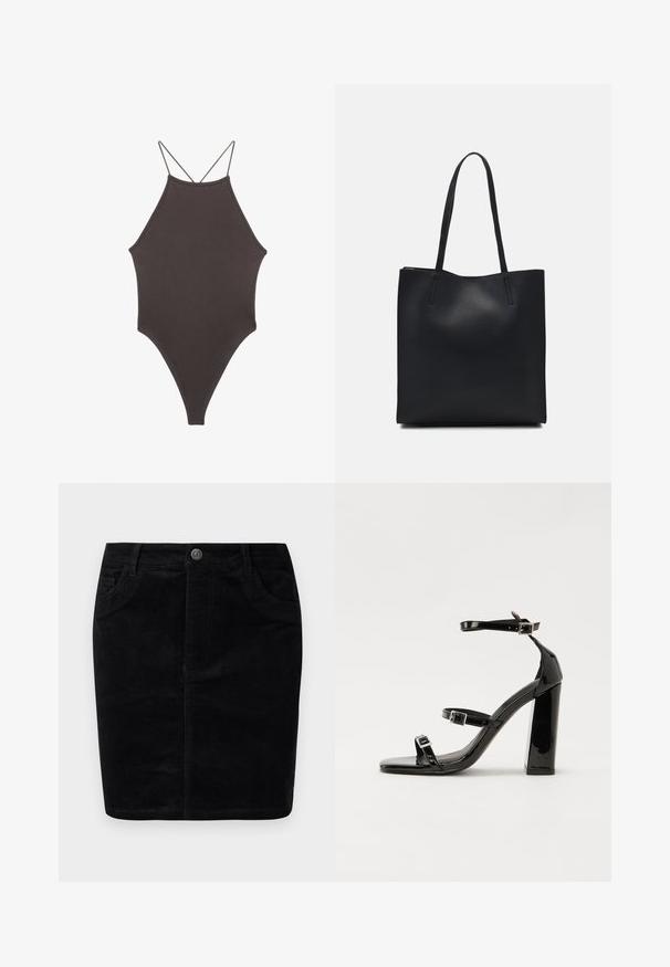 Rjav, enodelni kopalke z visokim ovratnikom in tankimi nastavljivimi naramnicami; ima visok rez na nogah in gladko teksturo. Brez vzorcev ali okrasnih elementov.; Črna kordna krila z ravnim krojem, z gumbastim zapiranjem, sprednjimi žepi, rebrasto teksturo in mat površino.; Črne lakirane sandale s peto, kvadratnim prstom, trakovi okrog gležnja in srebrnimi zaponkami. Opremljene so s stabilno Debelo peto.; Črna usnjena torba s svilnato teksturo, pravokotne oblike in dvema dolgima ročajema. Brez vidnih metalnih delov ali okrasnih elementov.
